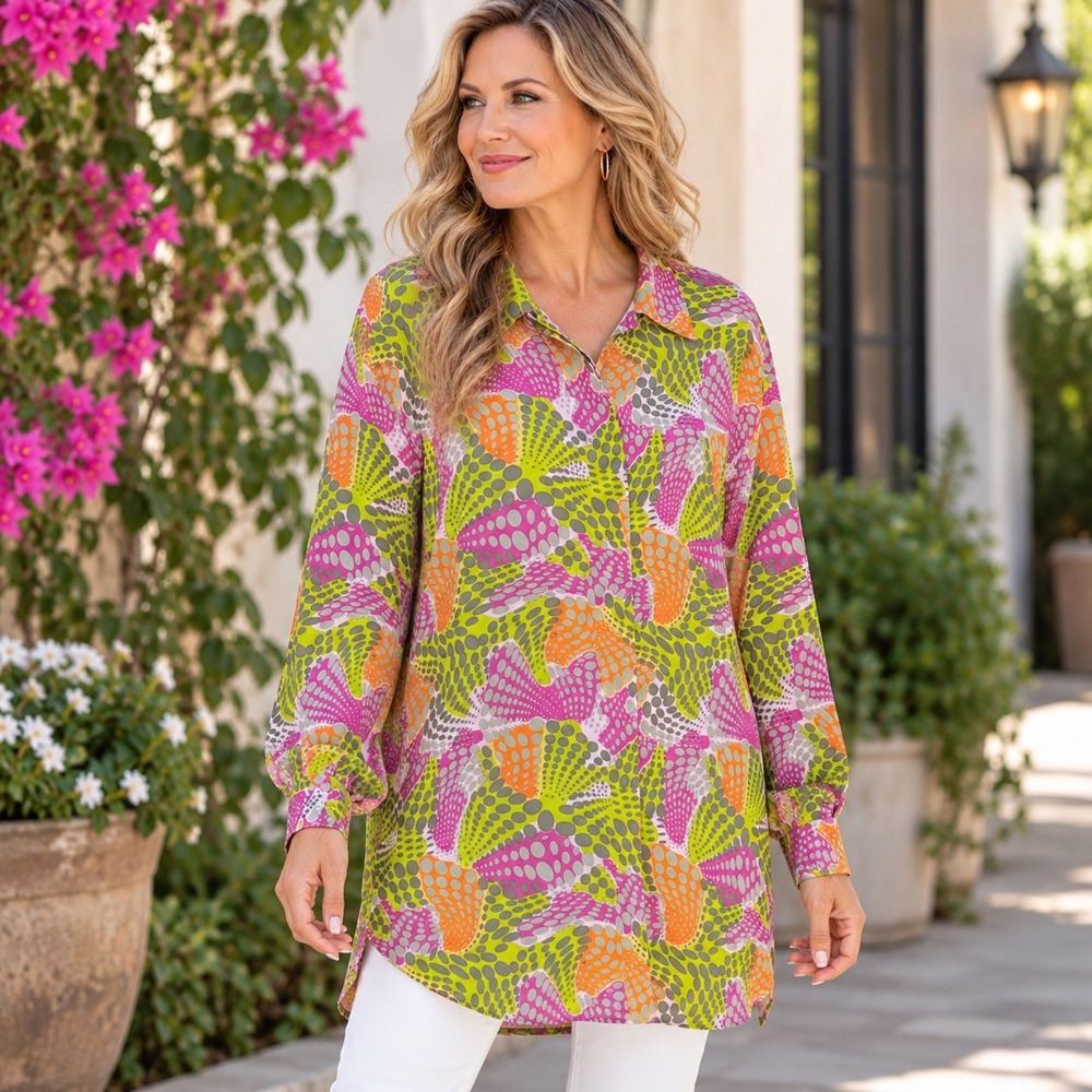 PIANO VTG Womens 1X Silk Tunic Blouse Geometric Dot Print Long Sleeve Artsy